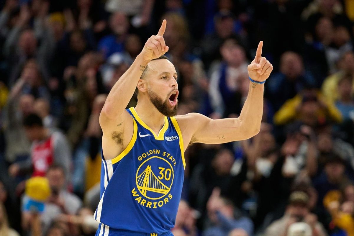 Dec 12, 2025; San Francisco, California, USA; Golden State Warriors guard Stephen Curry (30) reacts toward the Minnesota Timberwolves bench after making a three-point shot during the fourth quarter at Chase Center. Mandatory Credit: Robert Edwards-Imagn Images