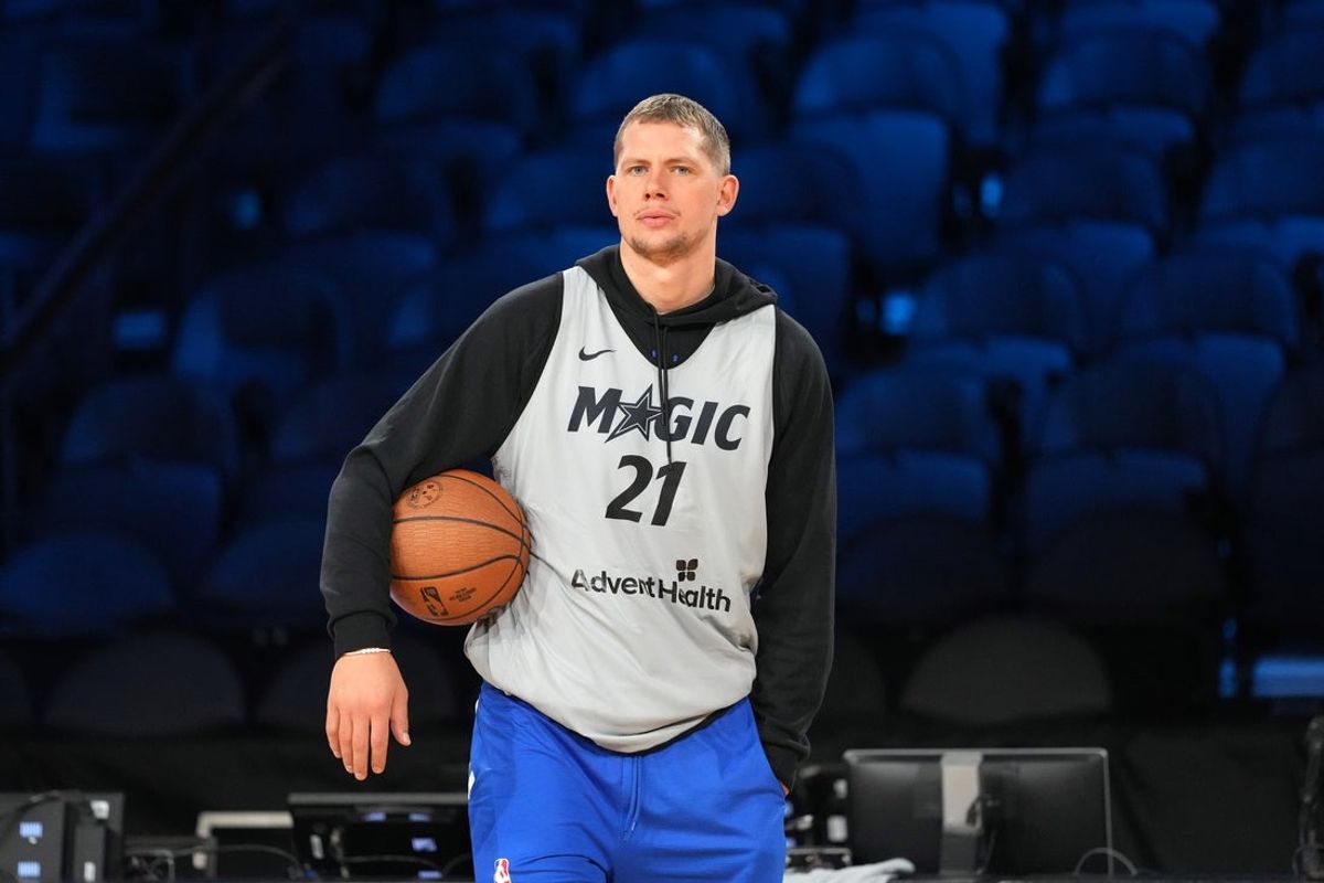 Dec 12, 2025; Las Vegas, NV, USA; Orlando Magic forward Moritz Wagner (21) during practice prior to the Emirates Cup semifinals at T-Mobile Arena. Mandatory Credit: Kirby Lee-Imagn Images