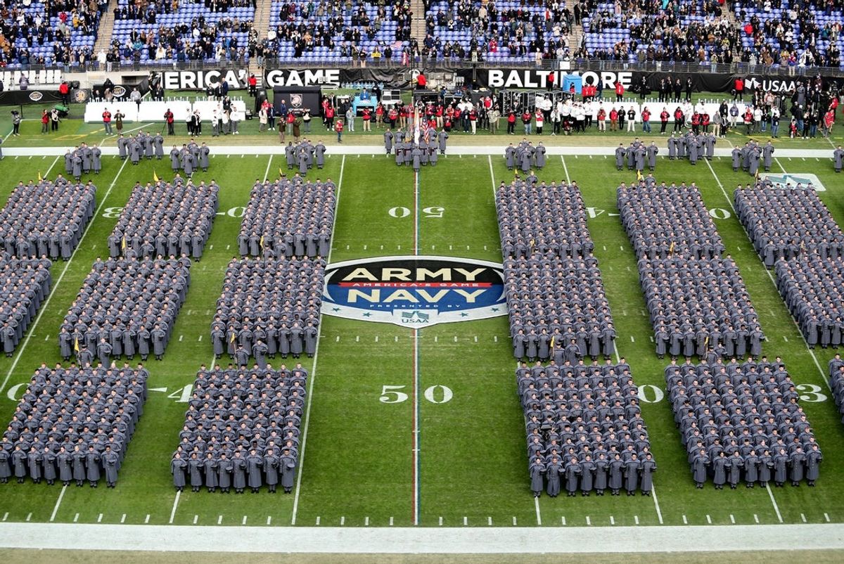 Dec 13, 2025; Baltimore, Maryland, USA; Cadets and Midshipmen from West Point and Annapolis march on to the field before the first half of the 126th Army-Navy game at M&T Bank Stadium. Mandatory Credit: Danny Wild-Imagn Images