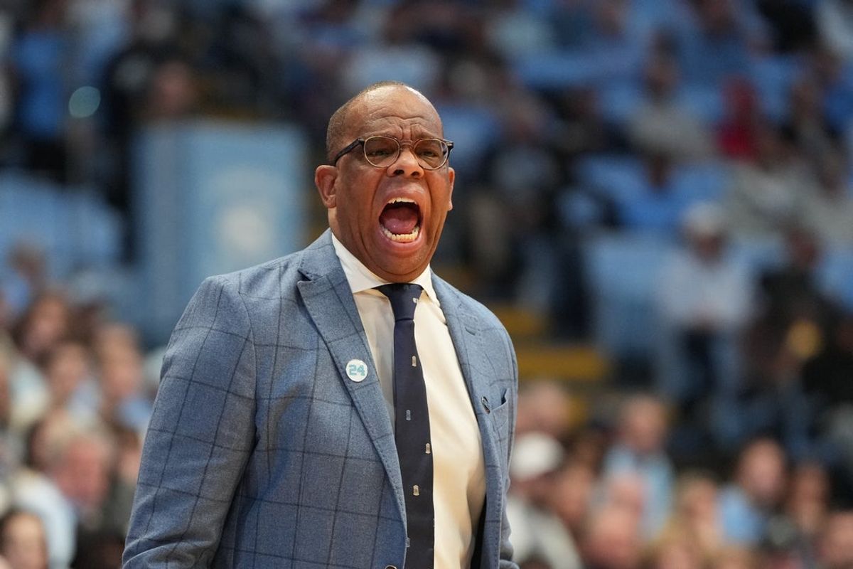 Dec 13, 2025; Chapel Hill, North Carolina, USA; North Carolina Tar Heels head coach Hubert Davis in the first half at Dean E. Smith Center. Mandatory Credit: Bob Donnan-Imagn Images