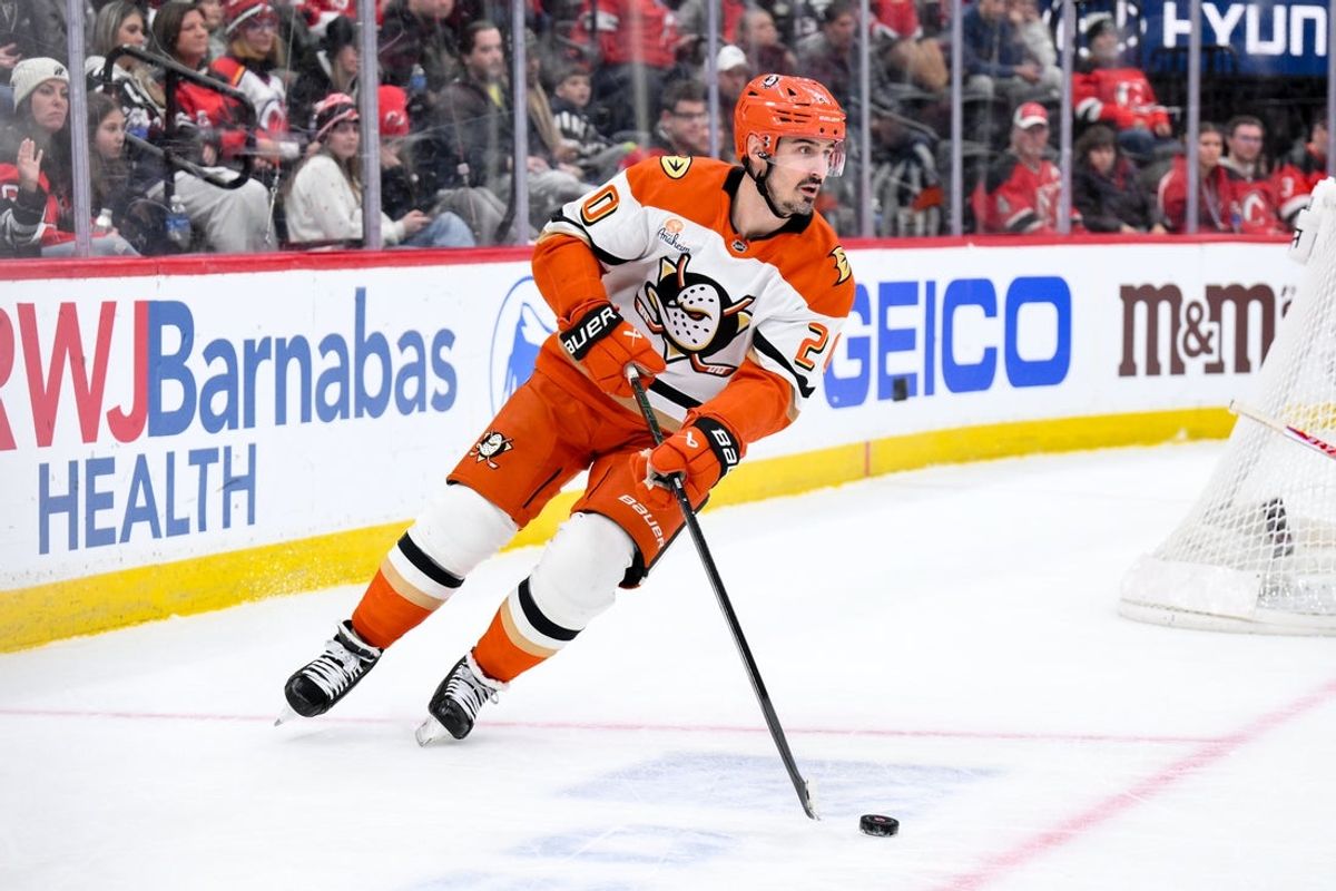 Dec 13, 2025; Newark, New Jersey, USA; Anaheim Ducks left wing Chris Kreider (20) skates against the New Jersey Devils during the third period at Prudential Center. Mandatory Credit: John Jones-Imagn Images