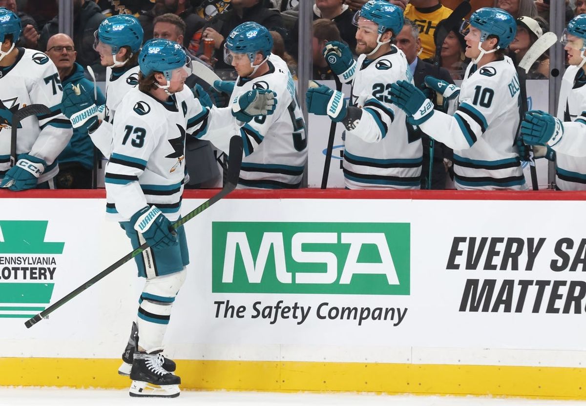Dec 13, 2025; Pittsburgh, Pennsylvania, USA;  San Jose Sharks center Tyler Toffoli (73) celebrates with the bench after scoring against the Pittsburgh Penguins during the first period at PPG Paints Arena. Mandatory Credit: Charles LeClaire-Imagn Images