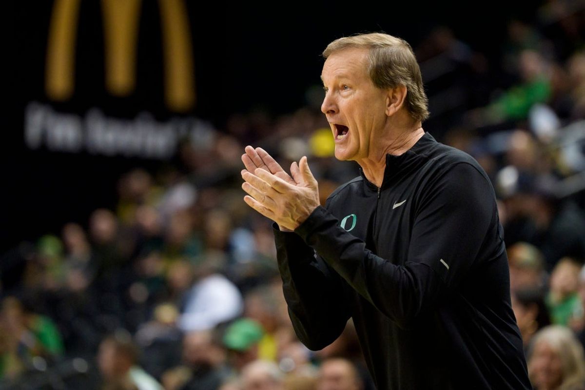Oregon head coach Dana Altman calls to his team as the Oregon Ducks host the UC Davis Aggies on Dec. 13, 2025, at Matthew Knight Arena in Eugene, Oregon.