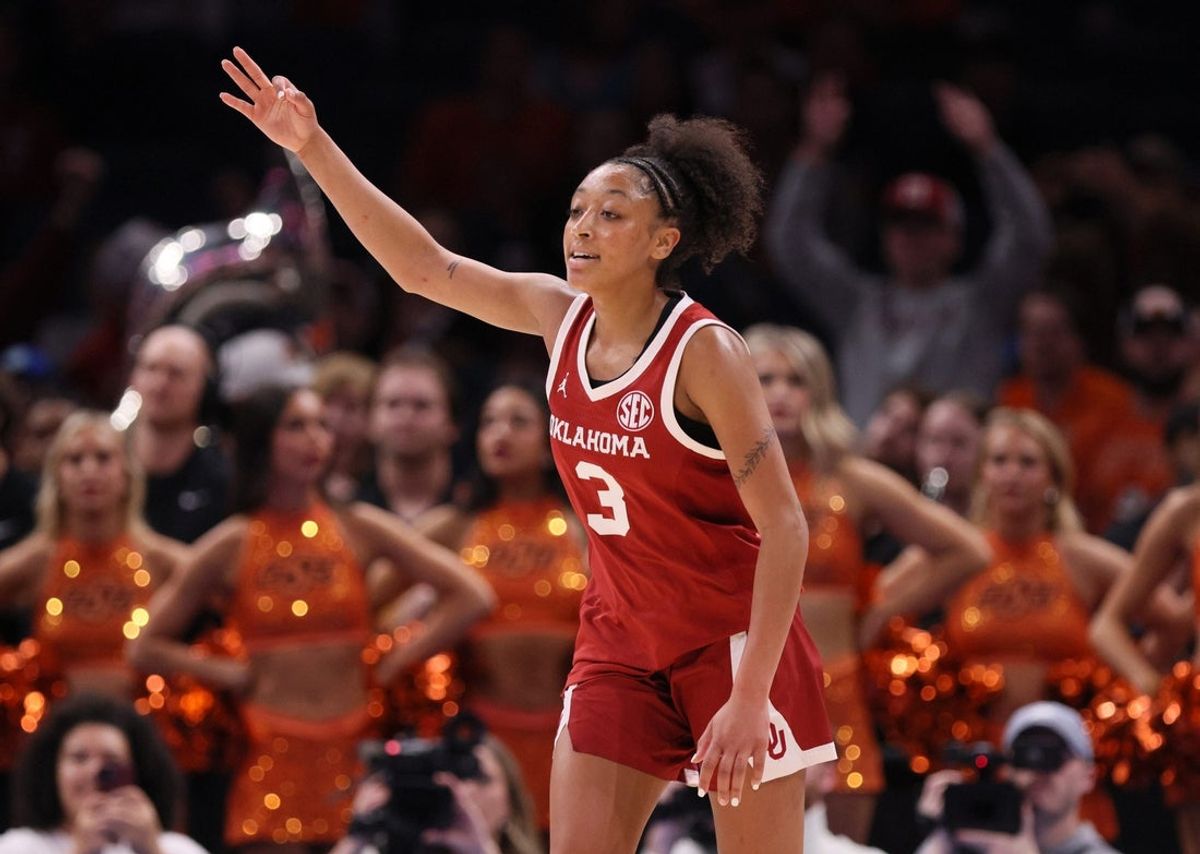 Oklahoma guard Zya Vann (3) reacts after hitting a 3-pointer during the first half of a Bedlam women's college basketball game between the OSU Cowgirls and OU Sooners at Paycom Center in Oklahoma City, Saturday, Dec. 13, 2025.