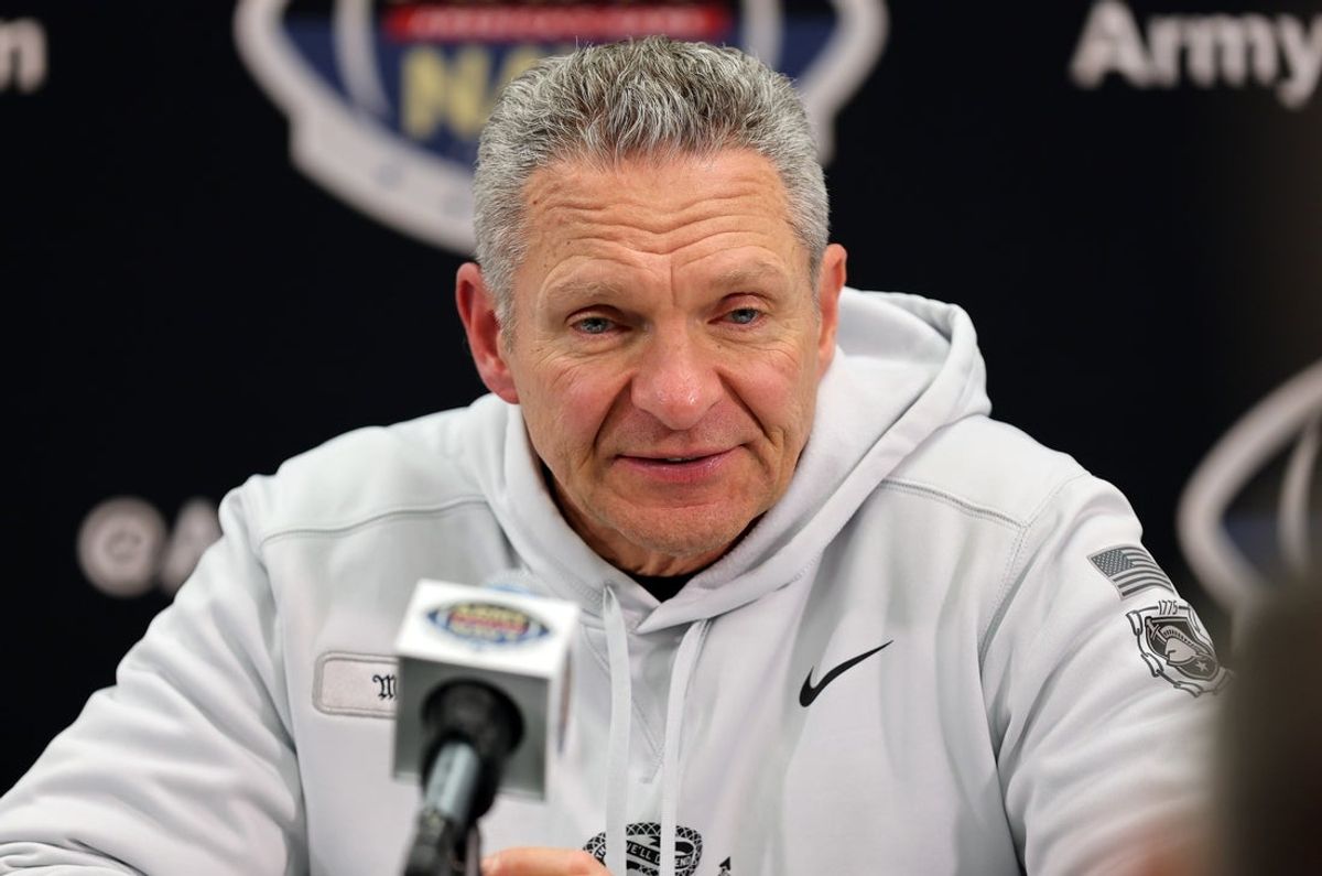 Dec 13, 2025; Baltimore, Maryland, USA; Army Black Knights head coach Jeff Monken speaks to the media after a 17-16 loss against the Navy Midshipmen in the 126th Army-Navy game at M&T Bank Stadium. Mandatory Credit: Danny Wild-Imagn Images
