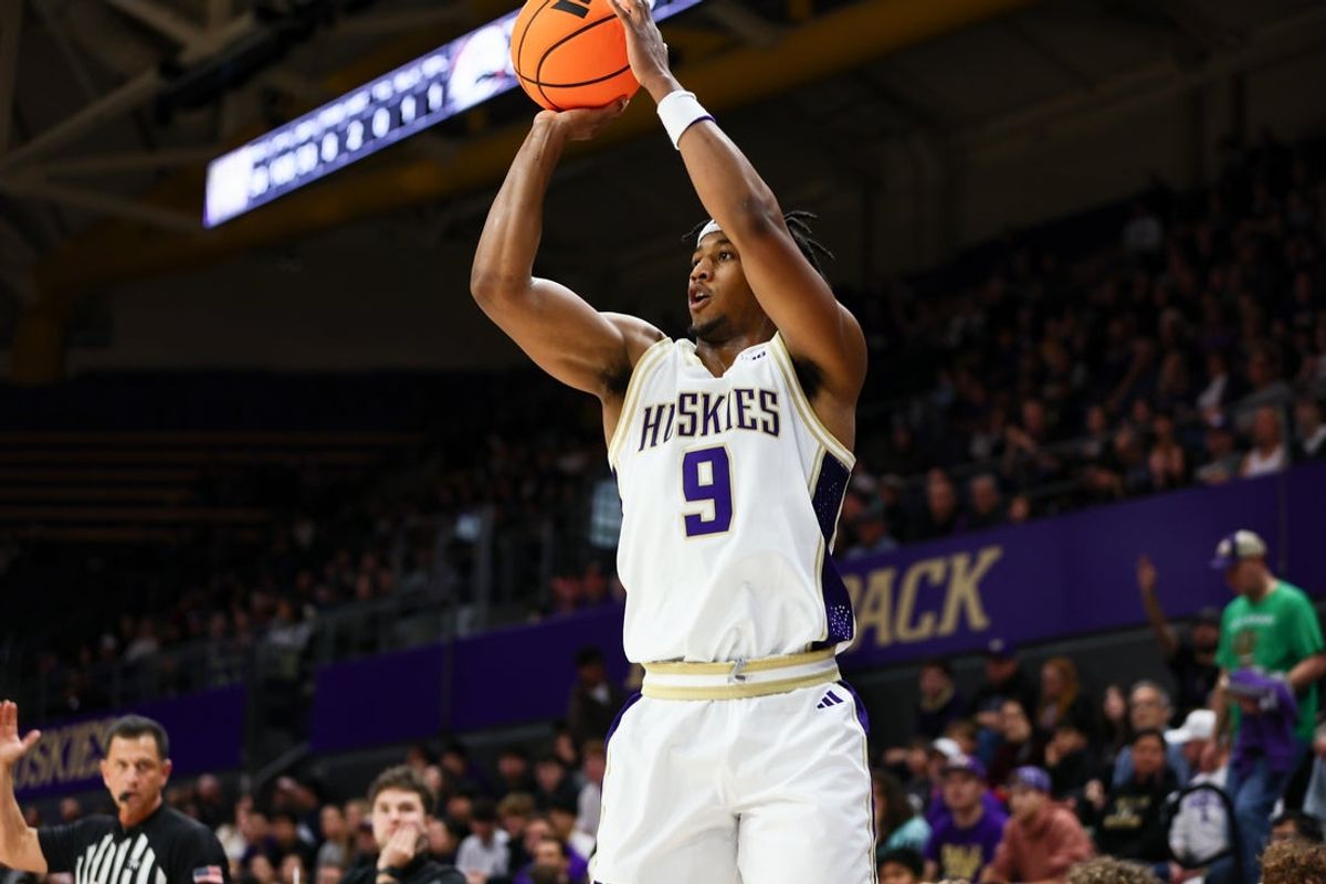 Dec 13, 2025; Seattle, Washington, USA; Washington Huskies guard Wesley Yates III (9) shoots during the first half against the Southern Utah Thunderbirds at Alaska Airlines Arena at Hec Edmundson Pavilion. Mandatory Credit: Kevin Ng-Imagn Images