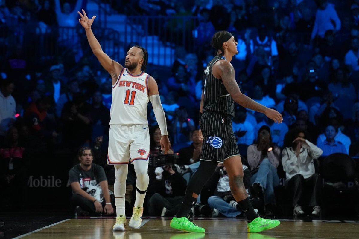 Dec 13, 2025; Las Vegas, Nevada, USA; New York Knicks guard Jalen Brunson (11) reacts as Orlando Magic forward Paolo Banchero (5) walks away during the third quarter at T-Mobile Arena. Mandatory Credit: Kirby Lee-Imagn Images
