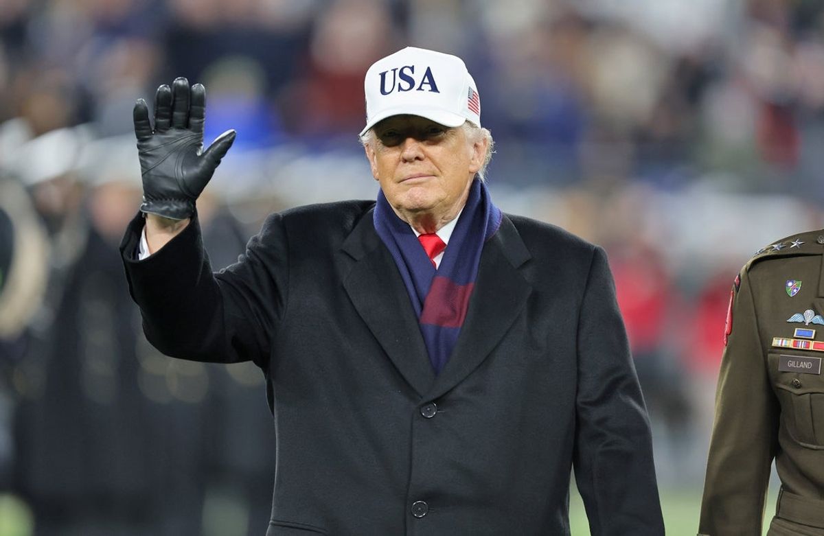 Dec 13, 2025; Baltimore, Maryland, USA; President Donald J. Trump waves before the 126th Army-Navy game at M&T Bank Stadium. Mandatory Credit: Danny Wild-Imagn Images