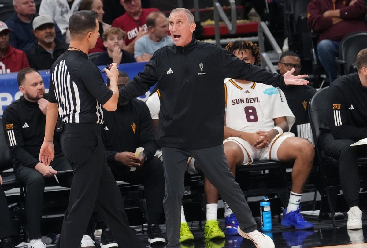 ASU Sun Devils head coach Bobby Hurley yells out to the referee during their game against the Oklahoma Sooners at Mortgage Matchup Center on Dec. 6, 2025, in Phoenix, Arizona.