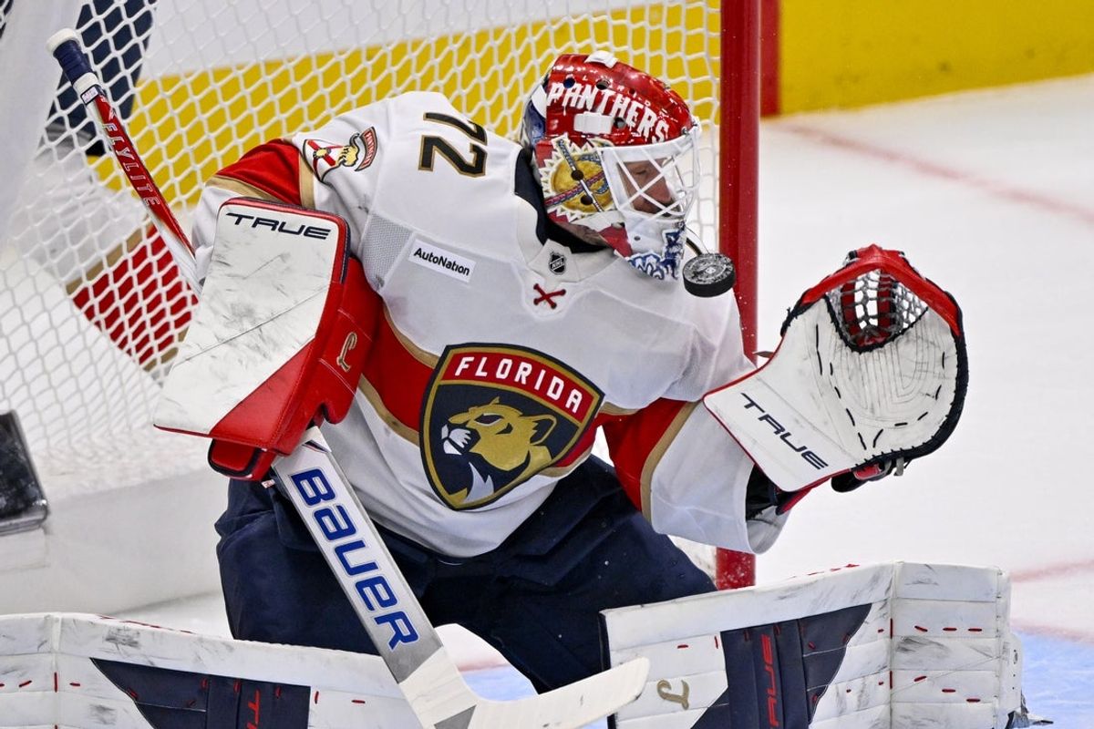 Dec 13, 2025; Dallas, Texas, USA; Florida Panthers goaltender Sergei Bobrovsky (72) makes a save on a Dallas Stars shot during the first period at the American Airlines Center. Mandatory Credit: Jerome Miron-Imagn Images