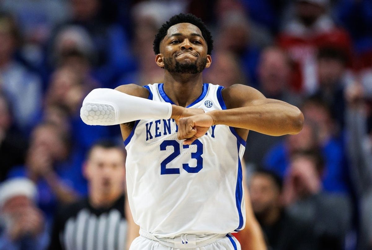 Dec 13, 2025; Lexington, Kentucky, USA; Kentucky Wildcats forward Mouhamed Dioubate (23) reacts to a travel called against the Indiana Hoosiers during the second half at Rupp Arena at Central Bank Center. Mandatory Credit: Jordan Prather-Imagn Images