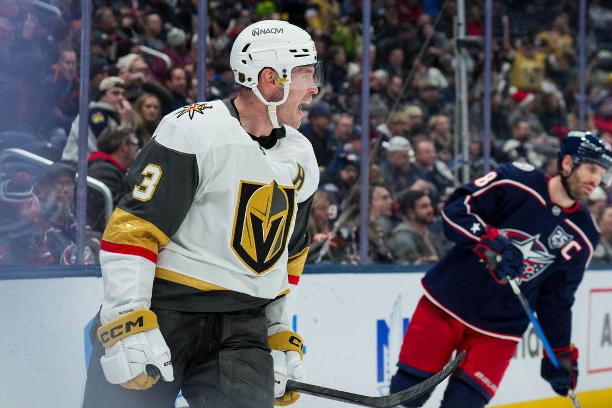 Dec 13, 2025; Columbus, Ohio, USA;  Vegas Golden Knights defenseman Brayden McNabb (3) celebrates scoring a goal against the Columbus Blue Jackets in the third period at Nationwide Arena. Mandatory Credit: Aaron Doster-Imagn Images