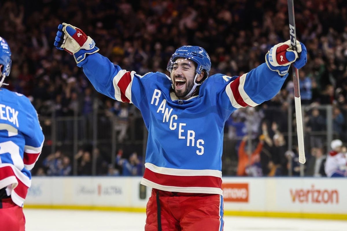 Dec 13, 2025; New York, New York, USA;  New York Rangers center Mika Zibanejad (93) celebrates after defeating the Montréal Canadiens 5-4 in overtime at Madison Square Garden. Mandatory Credit: Wendell Cruz-Imagn Images