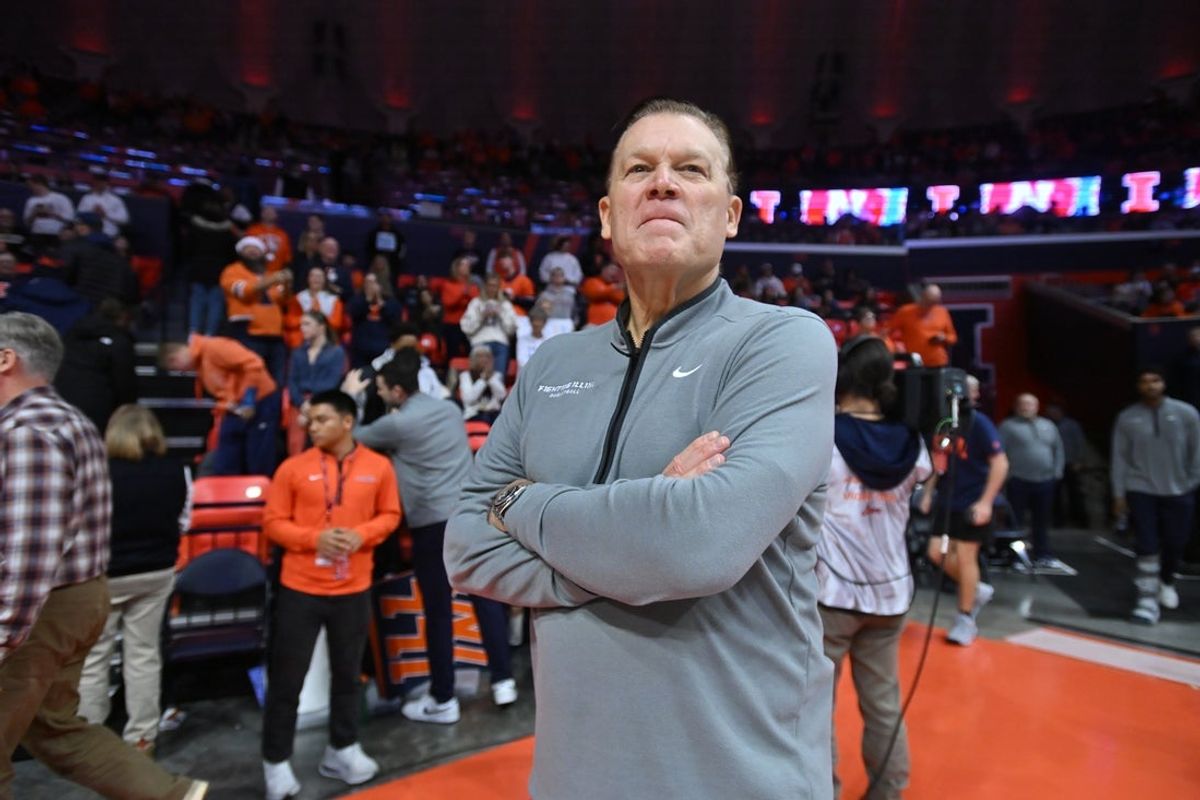 Dec 13, 2025; Champaign, Illinois, USA;  Illinois Fighting Illini head coach Brad Underwood before the first half against the Nebraska Cornhuskers at State Farm Center. Mandatory Credit: Ron Johnson-Imagn Images