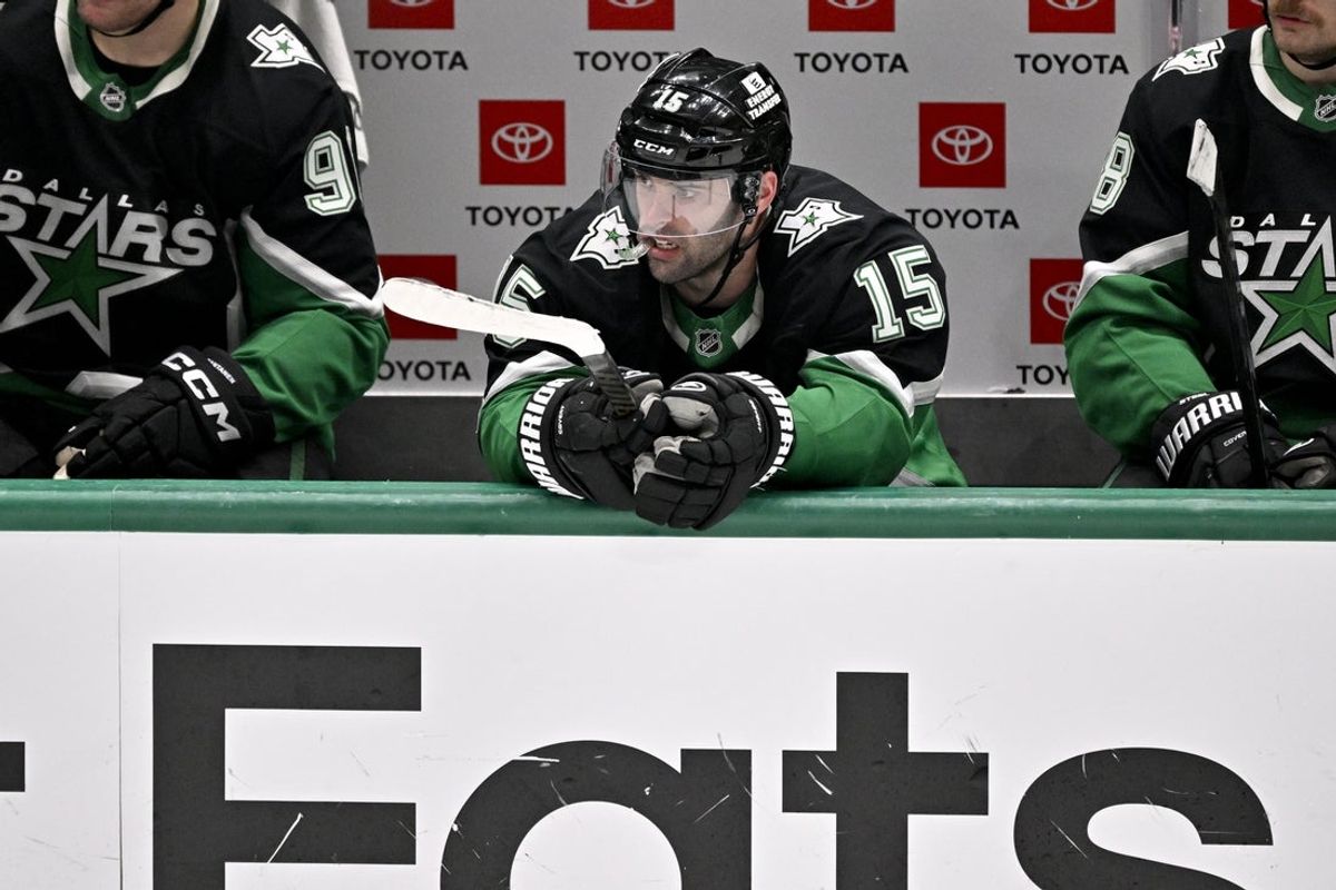 Dec 13, 2025; Dallas, Texas, USA; Dallas Stars center Colin Blackwell (15) looks on from the team bench during the third period against the Florida Panthers at the American Airlines Center. Mandatory Credit: Jerome Miron-Imagn Images