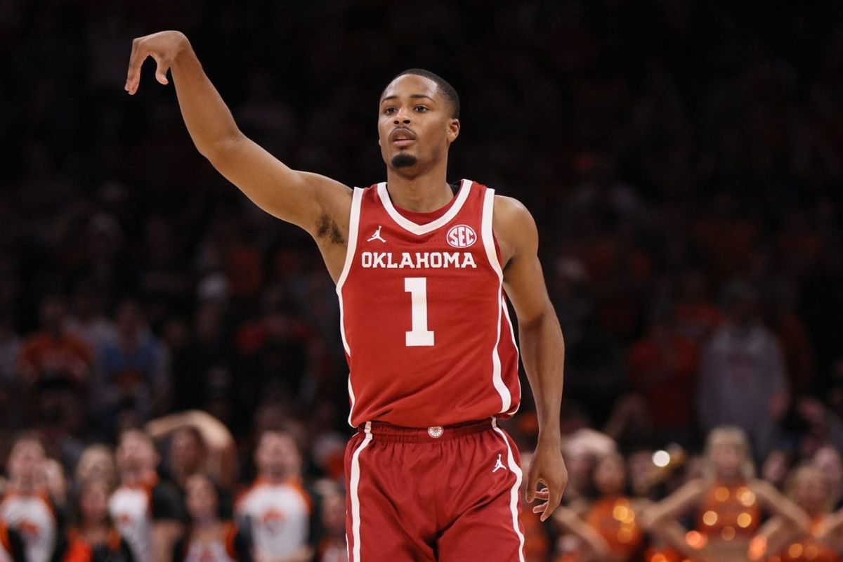 Oklahoma guard Xzayvier Brown (1) gestures after making a shot during the second half of a Bedlam men's college basketball game between the OSU Cowboys and OU Sooners at Paycom Center in Oklahoma City, Saturday, Dec. 13, 2025.