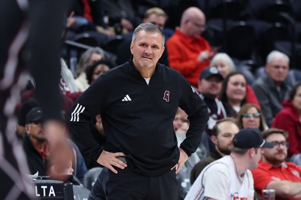 Dec 13, 2025; Salt Lake City, Utah, USA; Mississippi State Bulldogs head coach Chris Jans watches from the sideline during the second half of the game against the Utah Utes at Delta Center. Mandatory Credit: Rob Gray-Imagn Images