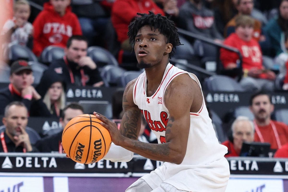 Dec 13, 2025; Salt Lake City, Utah, USA; Utah Utes guard Don McHenry (3) prepares to shoot a three-point basket against the Mississippi State Bulldogs during the second half at Delta Center. Mandatory Credit: Rob Gray-Imagn Images