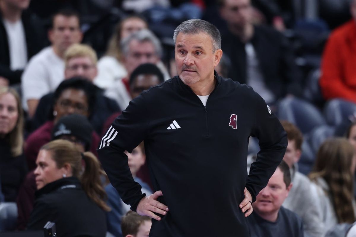 Dec 13, 2025; Salt Lake City, Utah, USA; Mississippi State Bulldogs head coach Chris Jans looks on during the second half of the game against the Utah Utes at Delta Center. Mandatory Credit: Rob Gray-Imagn Images
