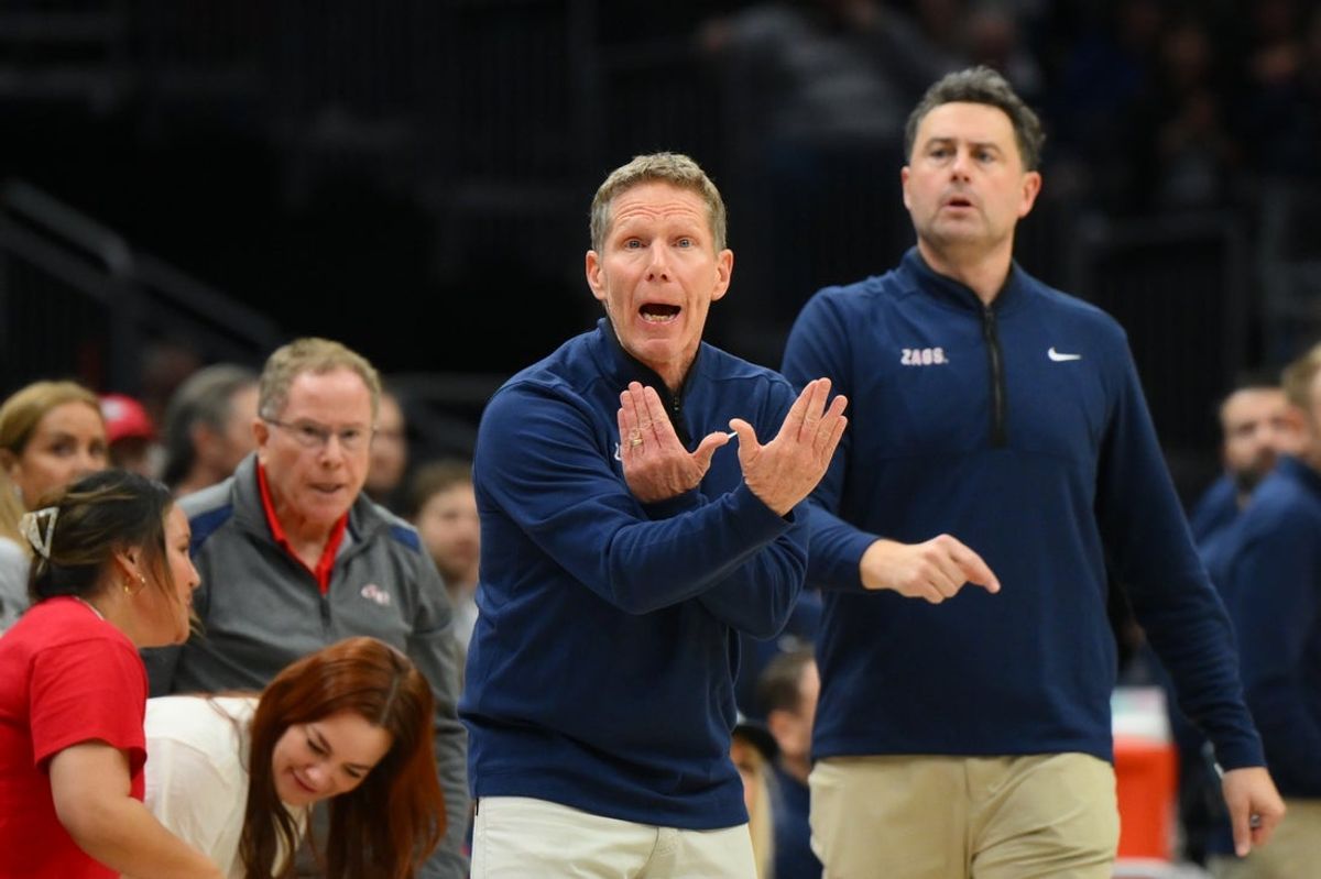 Dec 13, 2025; Seattle, Washington, USA; Gonzaga Bulldogs head coach Mark Few during the second half against the UCLA Bruins at Climate Pledge Arena. Mandatory Credit: Steven Bisig-Imagn Images