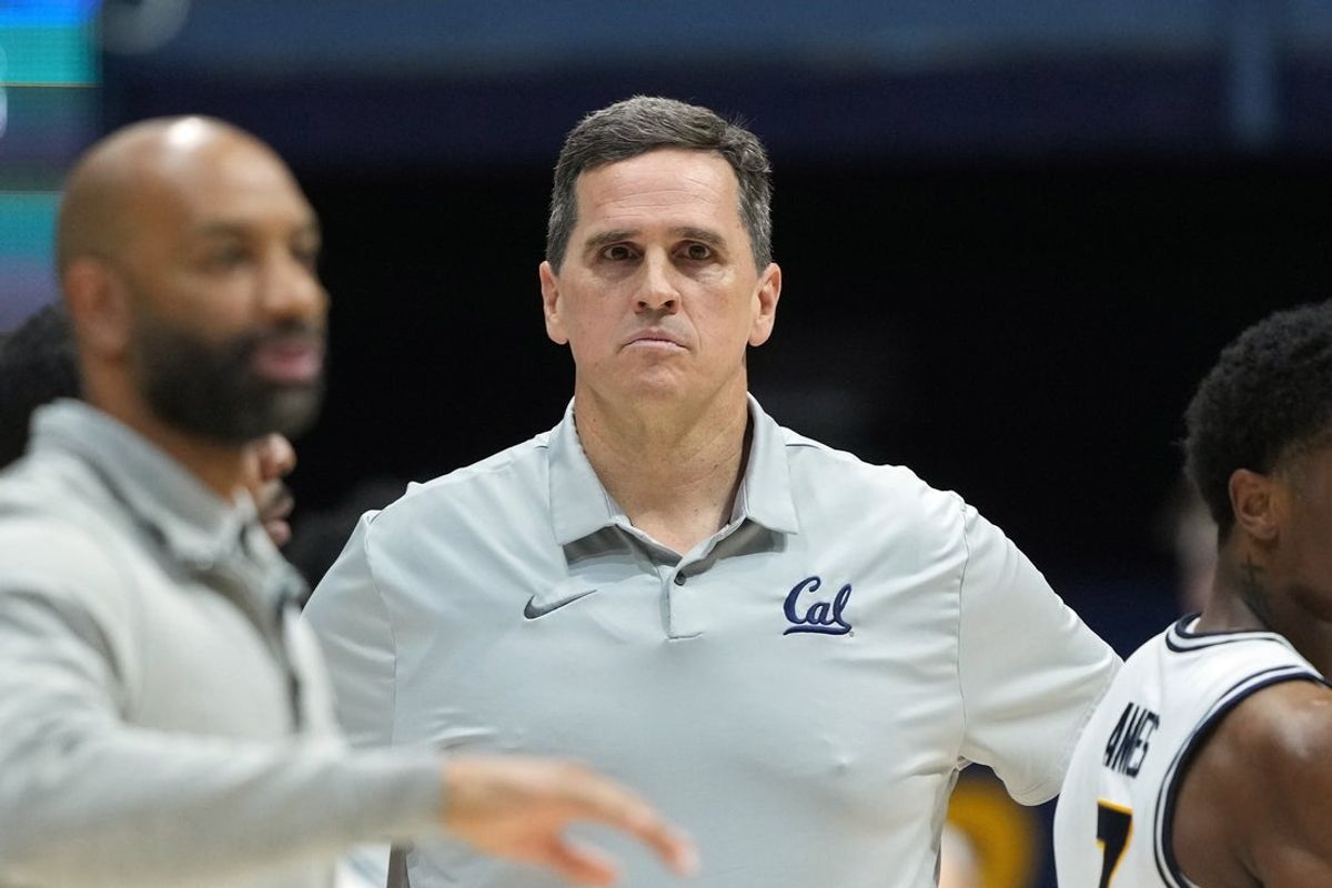 Dec 13, 2025; Berkeley, California, USA; California Golden Bears head coach Mark Madsen during the first half against the Northwestern State Demons at Haas Pavilion. Mandatory Credit: Darren Yamashita-Imagn Images