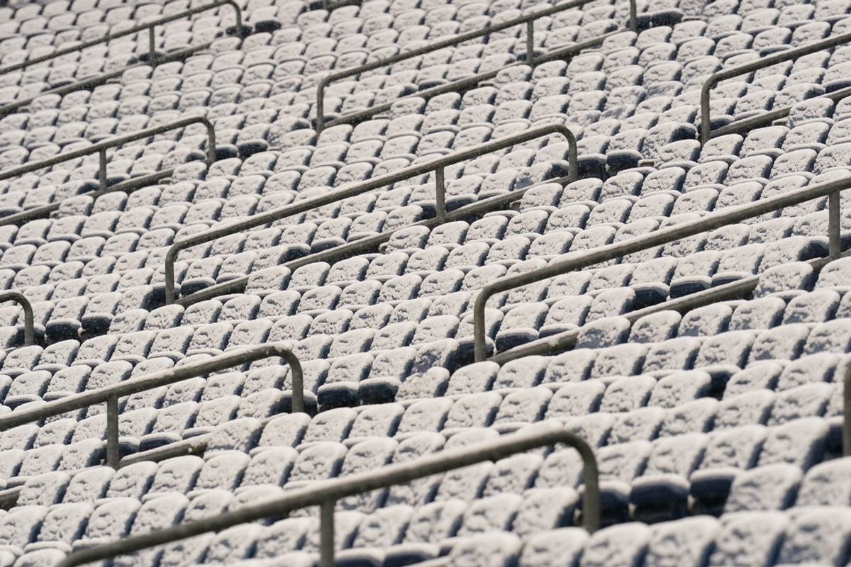 Dec 14, 2025; Foxborough, Massachusetts, USA; Gillette Stadium covered in snow before the start of the game against the New England Patriots and Buffalo Bills. Mandatory Credit: David Butler II-Imagn Images