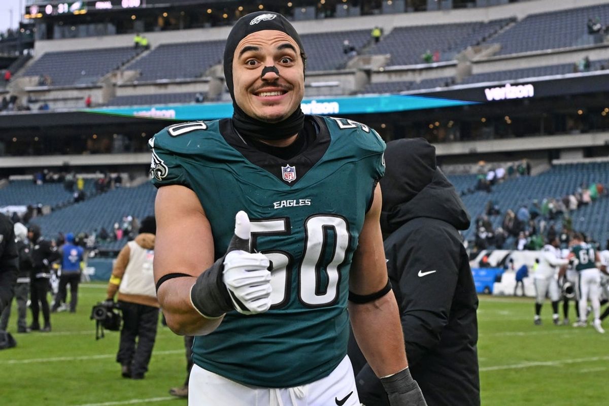 Dec 14, 2025; Philadelphia, Pennsylvania, USA; Philadelphia Eagles linebacker Jaelan Phillips (50) walks off the field after win against the Las Vegas Raiders at Lincoln Financial Field. Mandatory Credit: Eric Hartline-Imagn Images