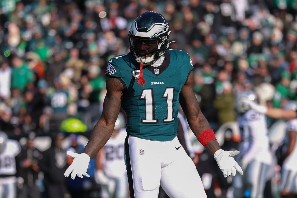 Dec 14, 2025; Philadelphia, Pennsylvania, USA; Philadelphia Eagles wide receiver A.J. Brown (11) reacts after an unsuccessful play against the Las Vegas Raiders during the second quarter at Lincoln Financial Field. Mandatory Credit: Bill Streicher-Imagn Images