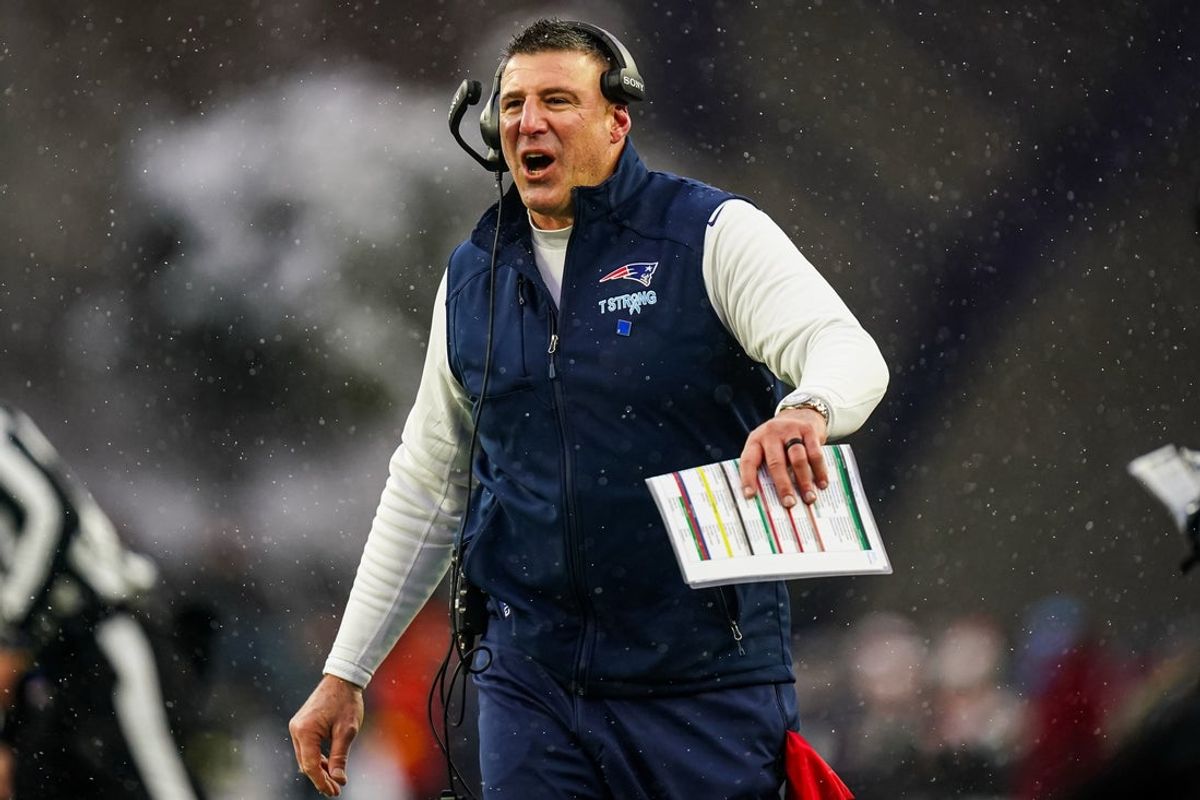 Dec 14, 2025; Foxborough, Massachusetts, USA; New England Patriots head coach Mike Vrabel reacts from the sideline as they take on the Buffalo Bills at Gillette Stadium. Mandatory Credit: David Butler II-Imagn Images