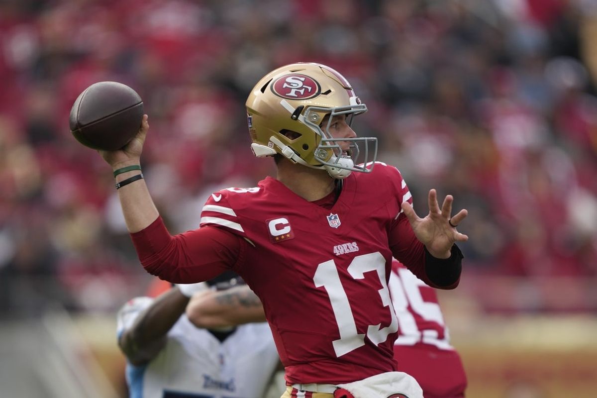 Dec 14, 2025; Santa Clara, California, USA;  San Francisco 49ers quarterback Brock Purdy (13) prepares to pass the ball during the first quarter against the Tennessee Titans at Levi's Stadium. Mandatory Credit: Kyle Terada-Imagn Images