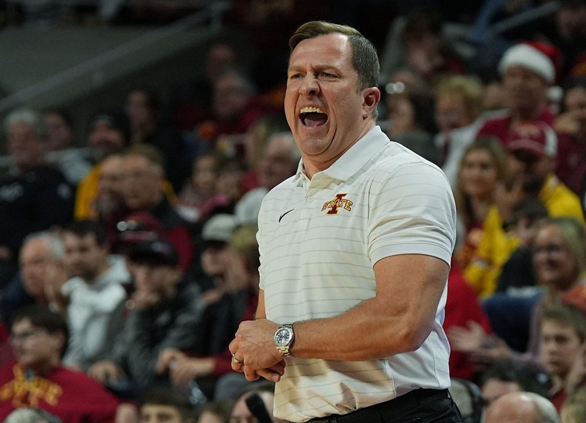 Iowa State Cyclones men's basketball head coach T.J. Otzelberger reacts from the bench during the second half against Eastern Illinois on December 14, 2025, at Hilton Coliseum in Ames, Iowa.