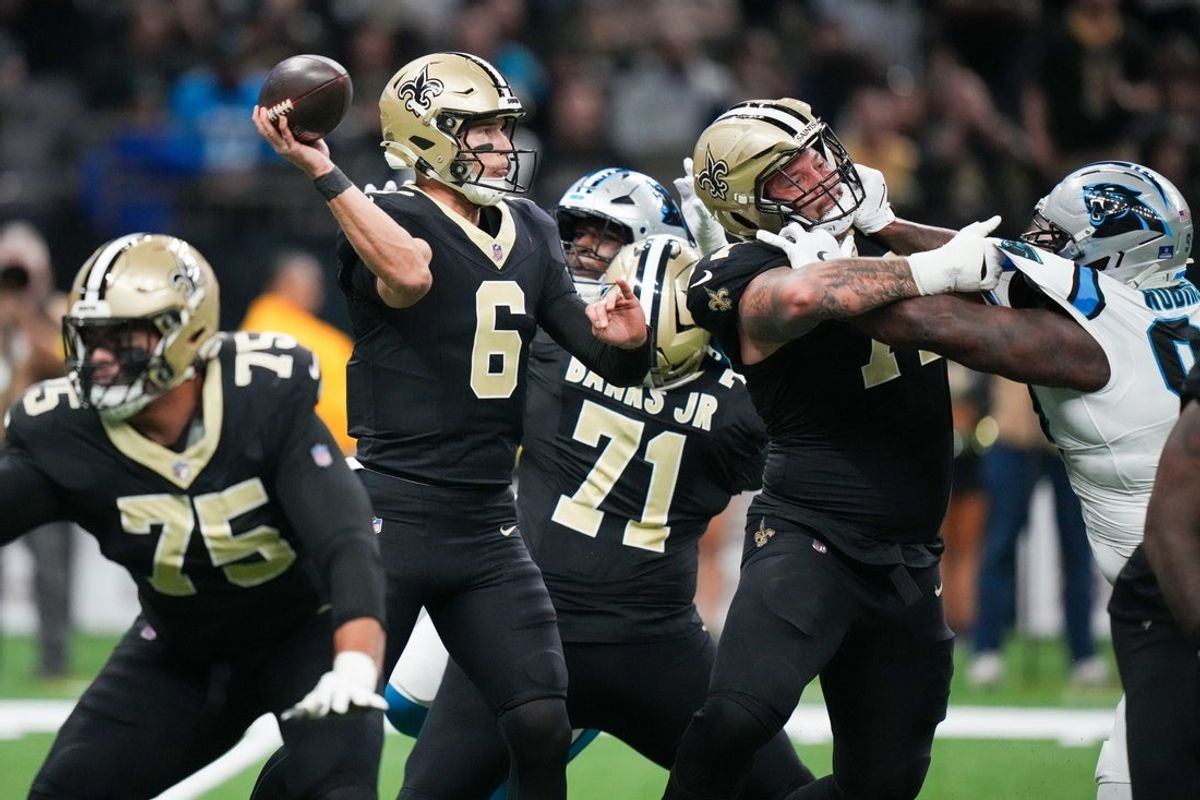 Dec 14, 2025; New Orleans, Louisiana, USA; New Orleans Saints quarterback Tyler Shough (6) throws the ball during the second quarter against the Carolina Panthers at Caesars Superdome. Mandatory Credit: Matthew Hinton-Imagn Images