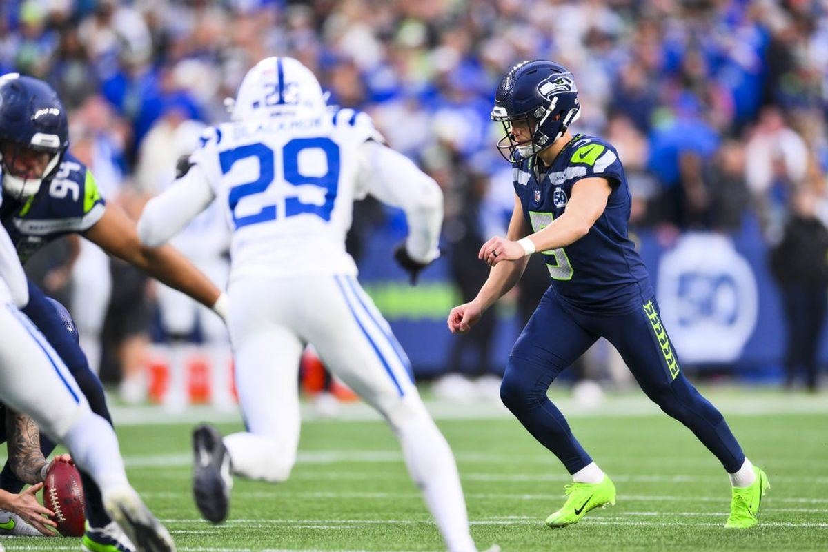 Dec 14, 2025; Seattle, Washington, USA; Seattle Seahawks place kicker Jason Myers (5) kicks a field goal against the Indianapolis Colts during the fourth quarter at Lumen Field. Mandatory Credit: Steven Bisig-Imagn Images