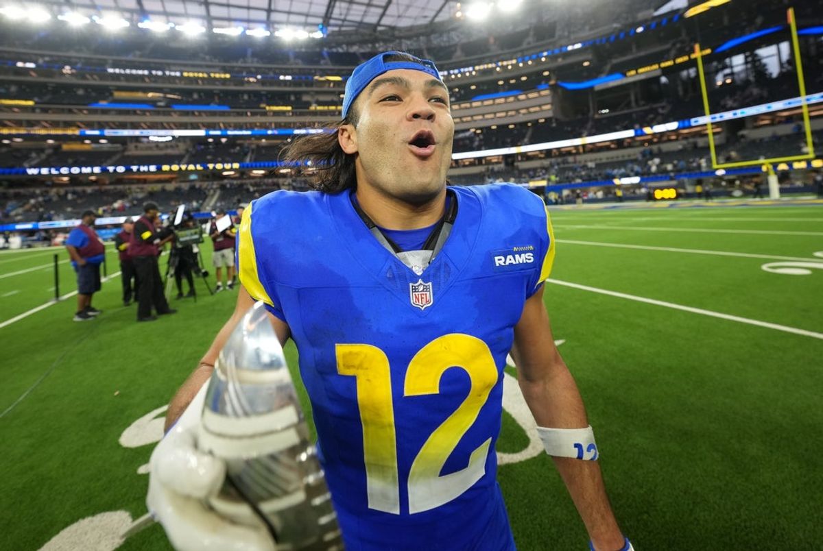 Dec 14, 2025; Inglewood, California, USA; Los Angeles Rams wide receiver Puka Nacua (12) celebrates after defeating the Detroit Lions at SoFi Stadium. Mandatory Credit: Kirby Lee-Imagn Images