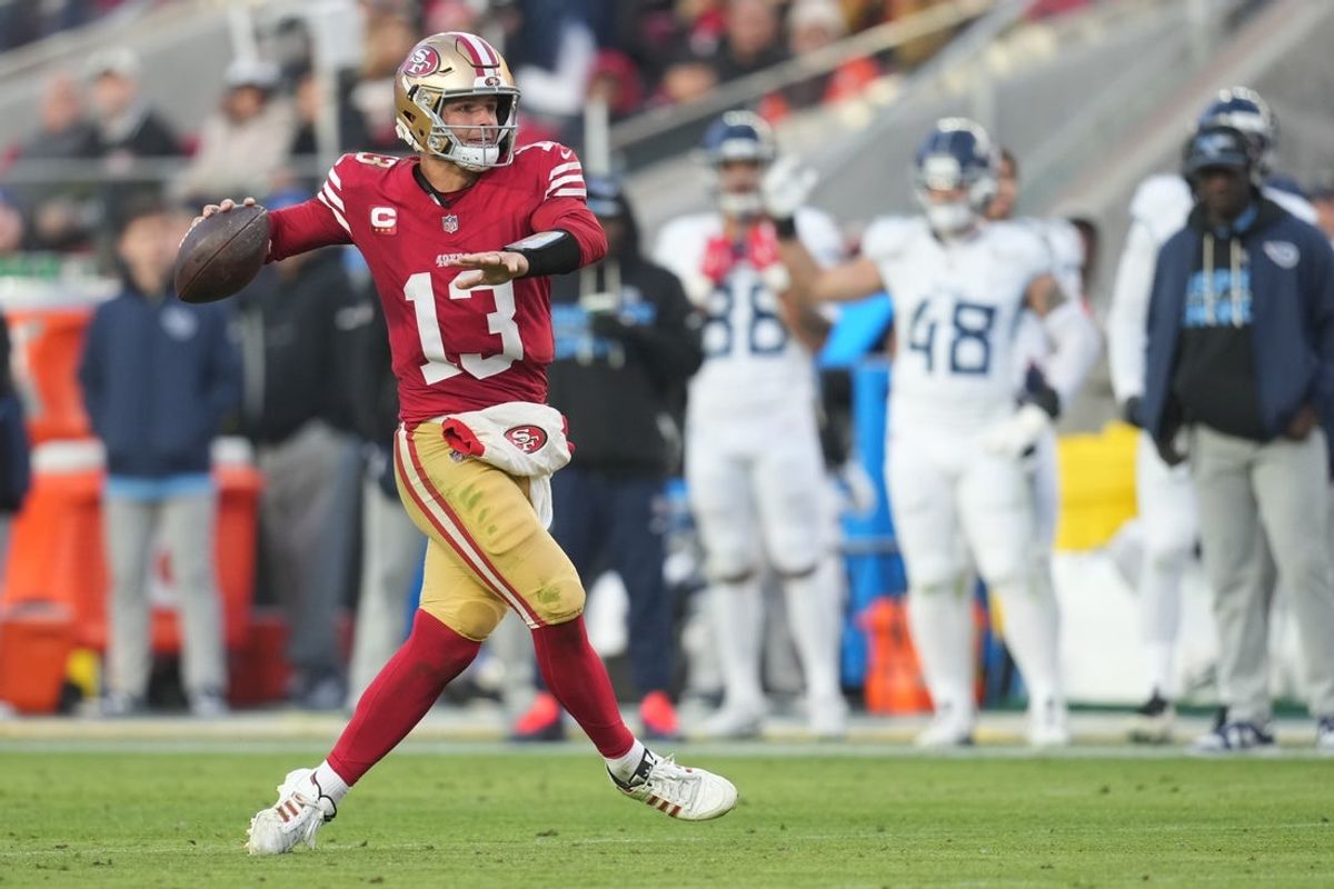 Dec 14, 2025; Santa Clara, California, USA;  San Francisco 49ers quarterback Brock Purdy (13) throws a pass during the fourth quarter against the Tennessee Titans at Levi's Stadium. Mandatory Credit: Cary Edmondson-Imagn Images