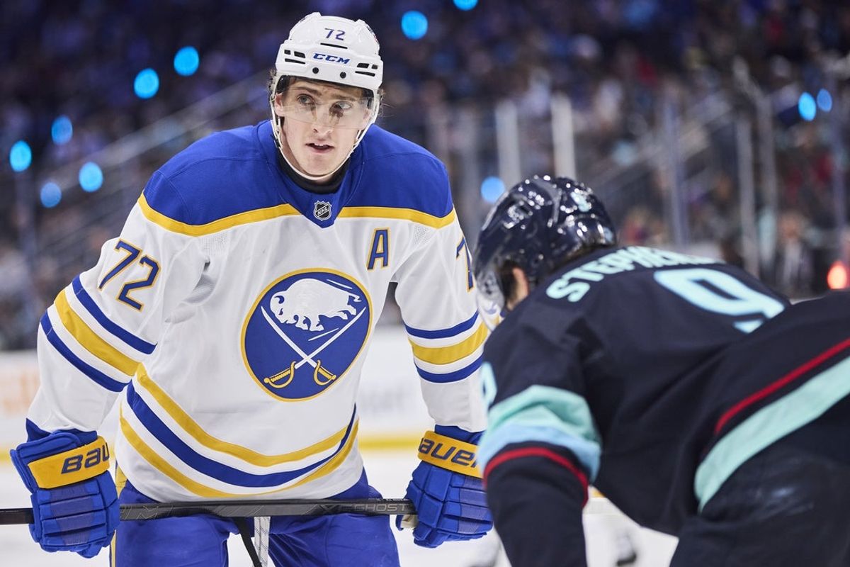 Dec 14, 2025; Seattle, Washington, USA; Buffalo Sabres center Tage Thompson (72) looks on before a face off during the first period against the Seattle Kraken at Climate Pledge Arena. Mandatory Credit: Blake Dahlin-Imagn Images