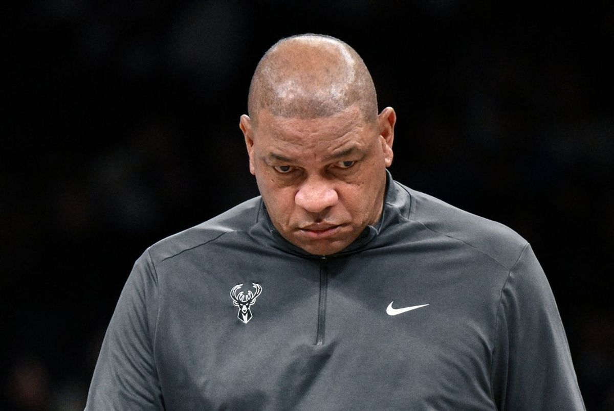 Dec 14, 2025; Brooklyn, New York, USA; Milwaukee Bucks Head Coach Doc Rivers looks on during the first half against the Brooklyn Nets at Barclays Center. Mandatory Credit: John Jones-Imagn Images