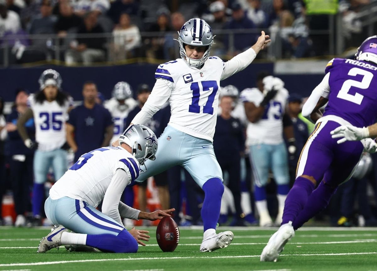 Dec 14, 2025; Arlington, Texas, USA; Dallas Cowboys place kicker Brandon Aubrey (17) kicks a field goal during the first half against the Minnesota Vikings at AT&T Stadium. Mandatory Credit: Kevin Jairaj-Imagn Images