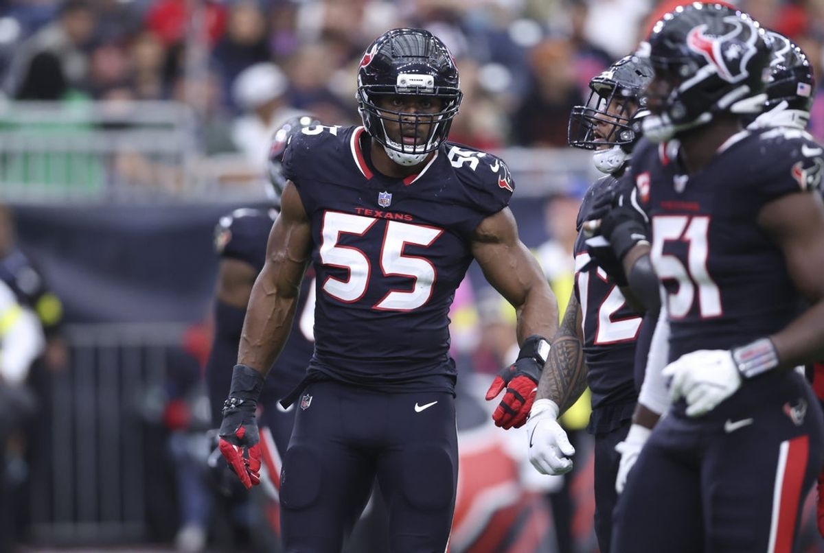 Dec 14, 2025; Houston, Texas, USA; Houston Texans defensive end Danielle Hunter (55) looks towards the sideline during the game against the Arizona Cardinals at NRG Stadium. Mandatory Credit: Troy Taormina-Imagn Images