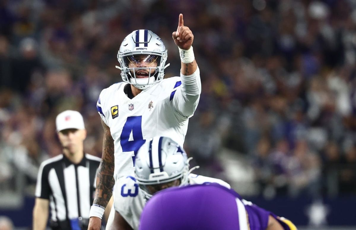 Dec 14, 2025; Arlington, Texas, USA; Dallas Cowboys quarterback Dak Prescott (4) calls signals during the second half against the Minnesota Vikings at AT&T Stadium. Mandatory Credit: Kevin Jairaj-Imagn Images