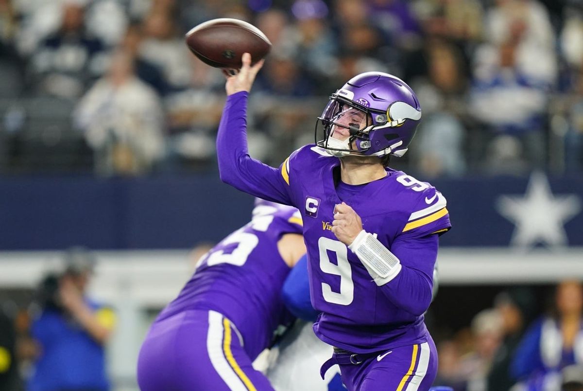 Dec 14, 2025; Arlington, Texas, USA; Minnesota Vikings quarterback J.J. McCarthy (9) throws during the second half against the Dallas Cowboys at AT&T Stadium. Mandatory Credit: Raymond Carlin III-Imagn Images