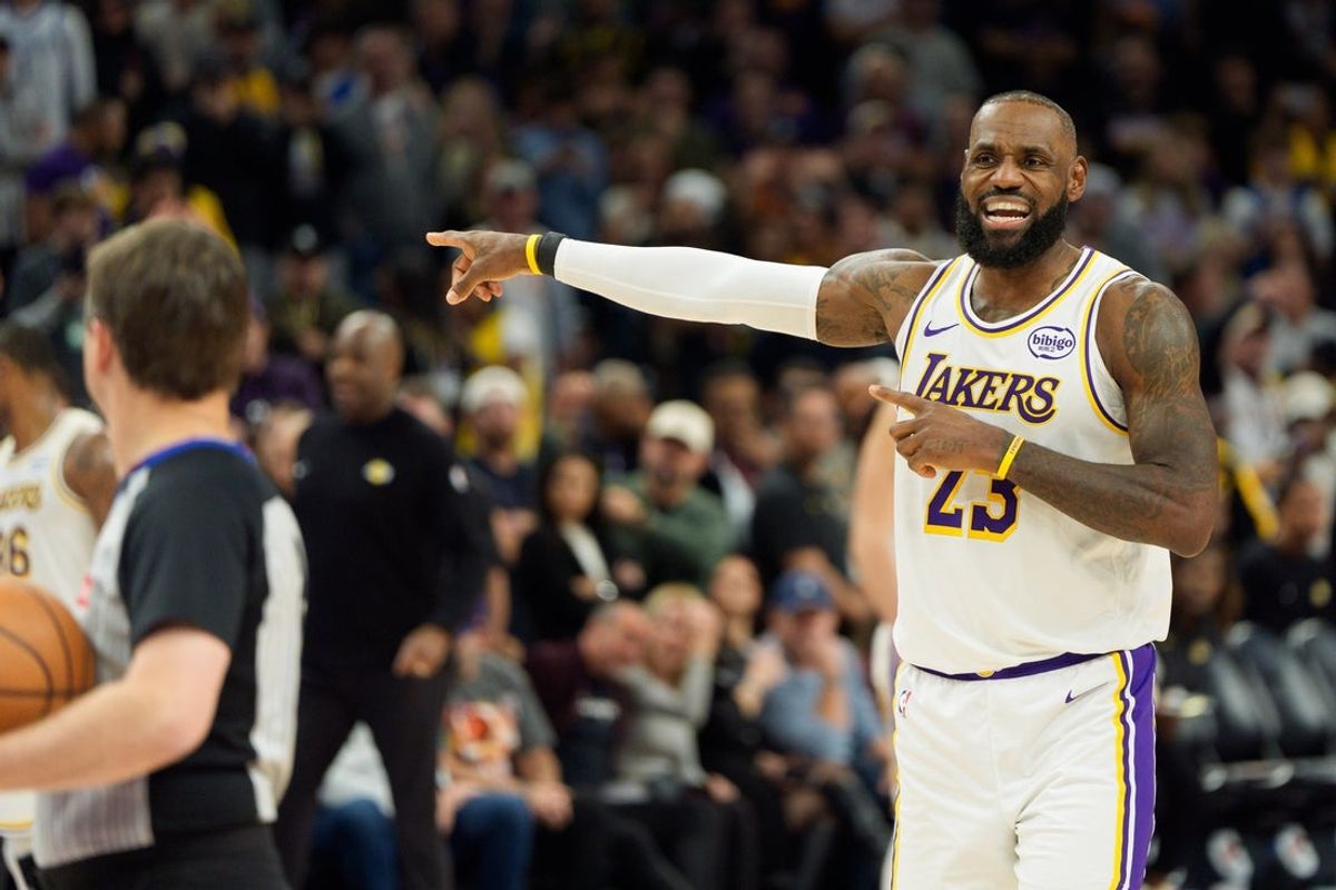 Dec 14, 2025; Phoenix, Arizona, USA; Los Angeles Lakers forward LeBron James (23) reacts after a foul during the second half of a game against the Phoenix Suns at Mortgage Matchup Center. Mandatory Credit: Allan Henry-Imagn Images