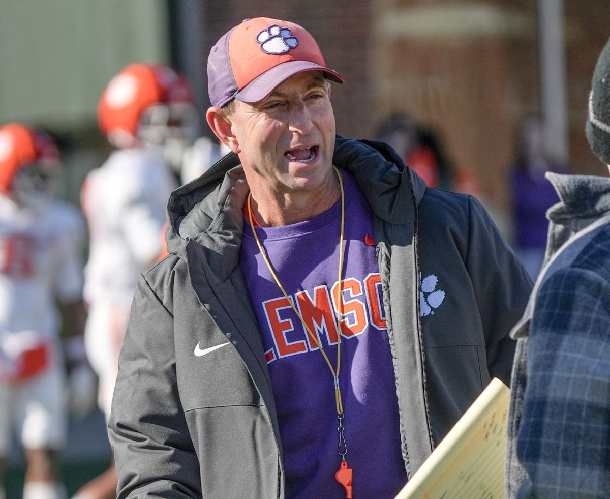 Clemson head coach Dabo Swinney during the Pinstipe Bowl practice in Clemson, S.C. Monday, Dec. 15, 2025.