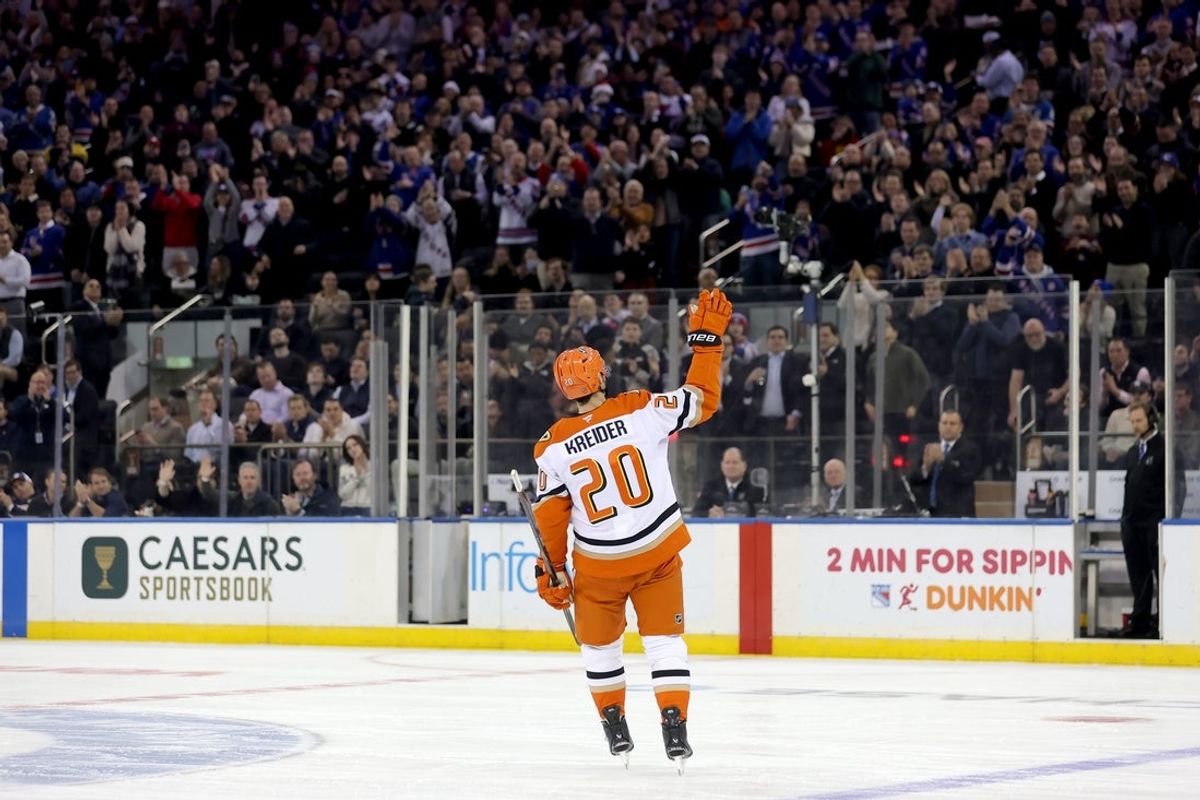 Dec 15, 2025; New York, New York, USA; Anaheim Ducks left wing Chris Kreider (20) acknowledges the crowd after being honored during the first period against the New York Rangers at Madison Square Garden. Mandatory Credit: Brad Penner-Imagn Images