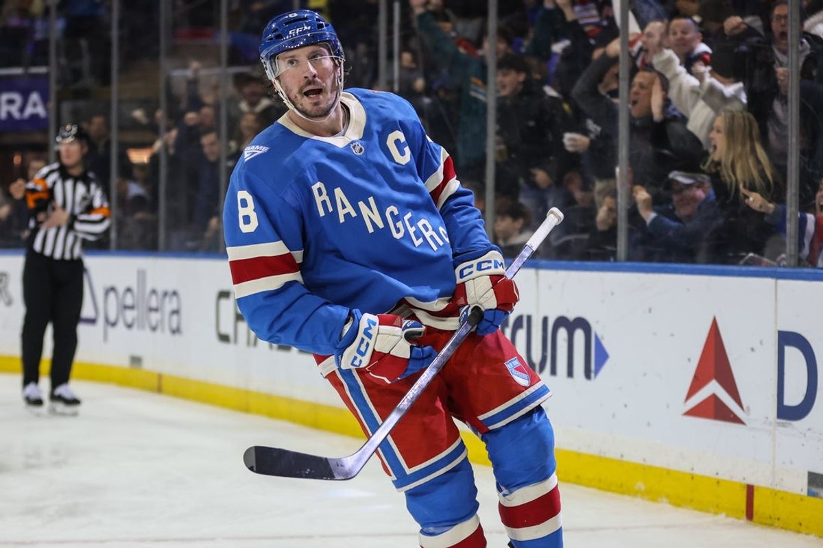 Dec 13, 2025; New York, New York, USA;  New York Rangers center J.T. Miller (8) at Madison Square Garden. Mandatory Credit: Wendell Cruz-Imagn Images