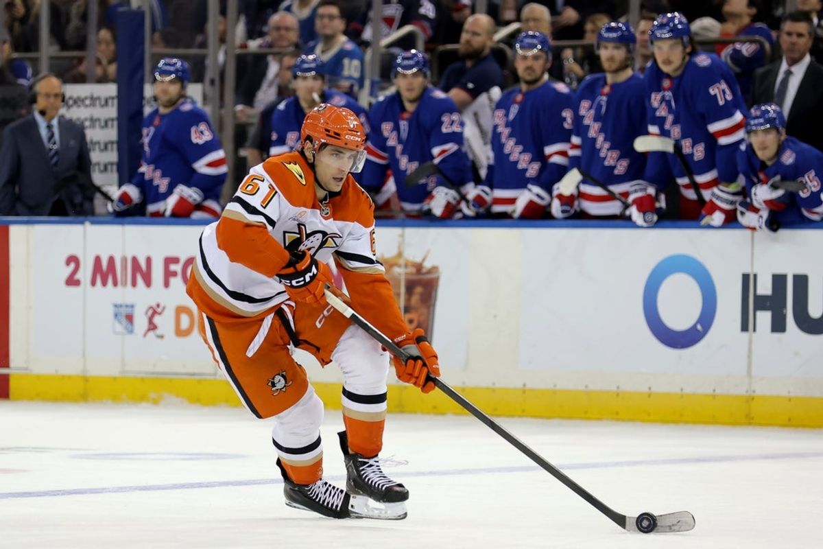 Dec 15, 2025; New York, New York, USA; Anaheim Ducks left wing Cutter Gauthier (61) skates towards an empty net during the third period against the New York Rangers at Madison Square Garden. Mandatory Credit: Brad Penner-Imagn Images