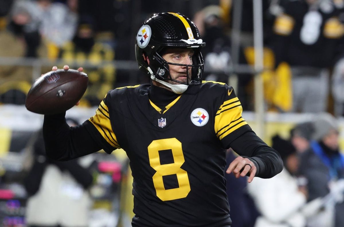 Dec 15, 2025; Pittsburgh, Pennsylvania, USA; Pittsburgh Steelers quarterback Aaron Rodgers (8) looks to throw in the second quarter against the Miami Dolphins at Acrisure Stadium. Mandatory Credit: Charles LeClaire-Imagn Images