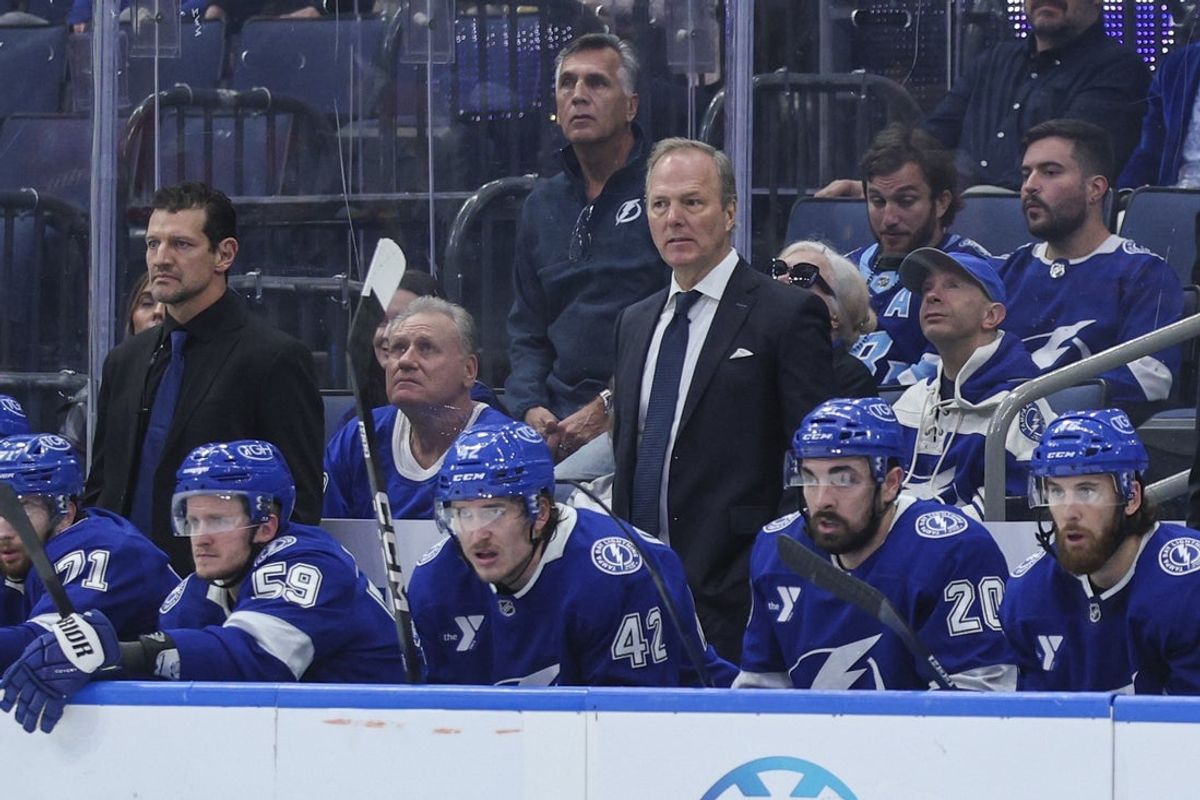 Dec 15, 2025; Tampa, Florida, USA; Tampa Bay Lightning head coach Jon Cooper looks on against the Florida Panthers in the third period at Benchmark International Arena. Mandatory Credit: Nathan Ray Seebeck-Imagn Images