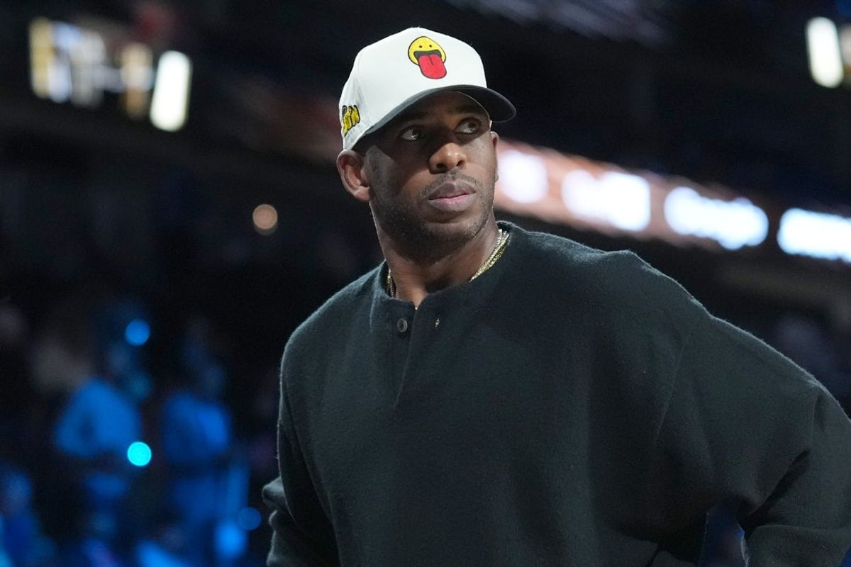 Dec 13, 2025; Las Vegas, Nevada, USA; Chris Paul watches during the Emirates NBA Cup semifinals game between the San Antonio Spurs and Oklahoma City Thunder at T-Mobile Arena. Mandatory Credit: Kirby Lee-Imagn Images