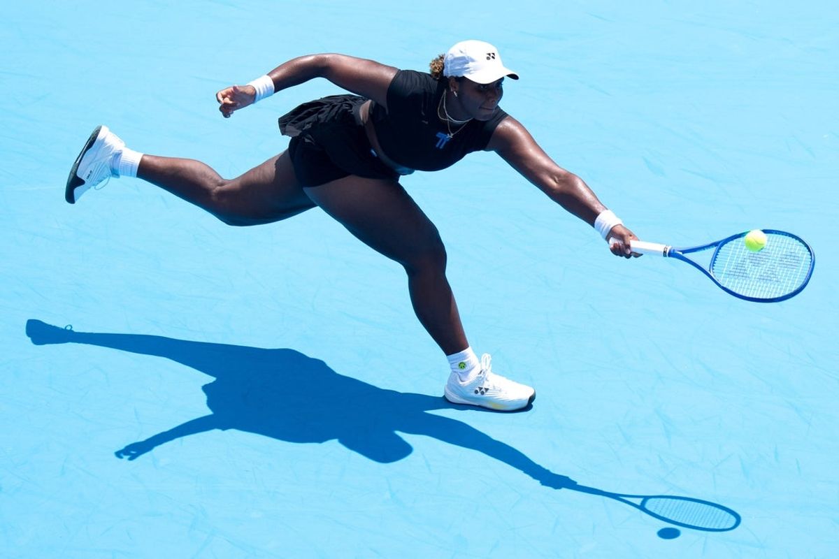 Taylor Townsend, of the United States, attempts to return to Danielle Collins, of the United States, during the Cincinnati Open at the Lindner Family Tennis Center in Mason, Ohio, on Aug. 8, 2025.